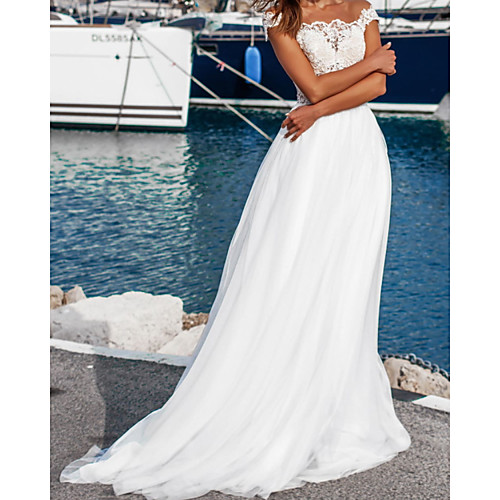 

A-Line Wedding Dresses Jewel Neck Sweep / Brush Train Chiffon Lace Tulle Sleeveless Beach with Appliques 2021