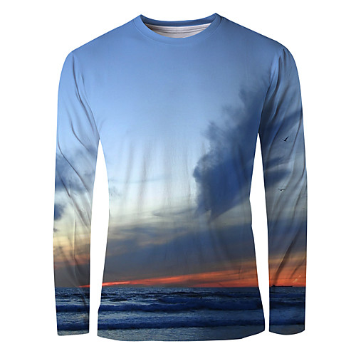 

Men's T shirt 3D Print Graphic Scenery Long Sleeve Daily Tops Basic Elegant Blue