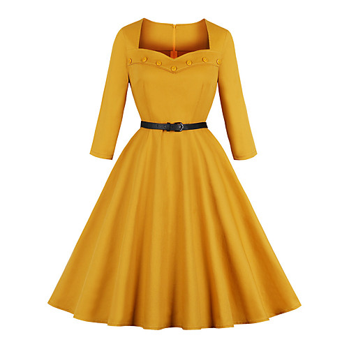 

Women's Swing Dress Knee Length Dress Yellow Half Sleeve Solid Color Zipper Patchwork Print Fall Square Neck Vintage Cotton 2021 XS S M L XL XXL