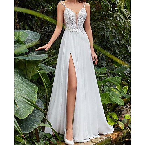 

A-Line Wedding Dresses V Neck Floor Length Chiffon Lace Sleeveless Beach with Appliques Split Front 2021