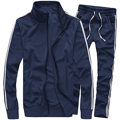 

Men's 2 Piece Full Zip Tracksuit Sweatsuit Street Casual Winter Cotton Thermal Warm Lightweight Breathable Gym Workout Basketball Baseball Running Jogging Sportswear Stripes Plus Size Black Sky Blue