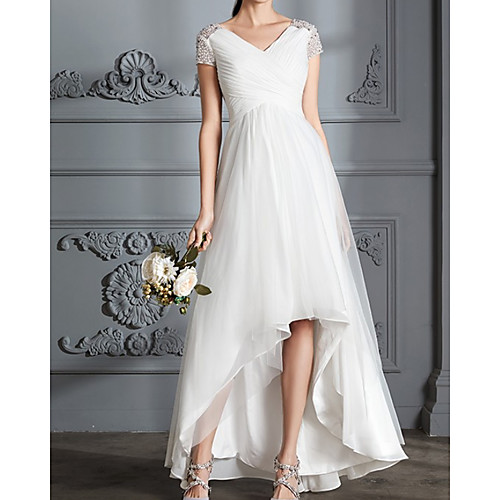 

A-Line Wedding Dresses V Neck Asymmetrical Chiffon Tulle Short Sleeve Vintage with Pleats Beading 2021