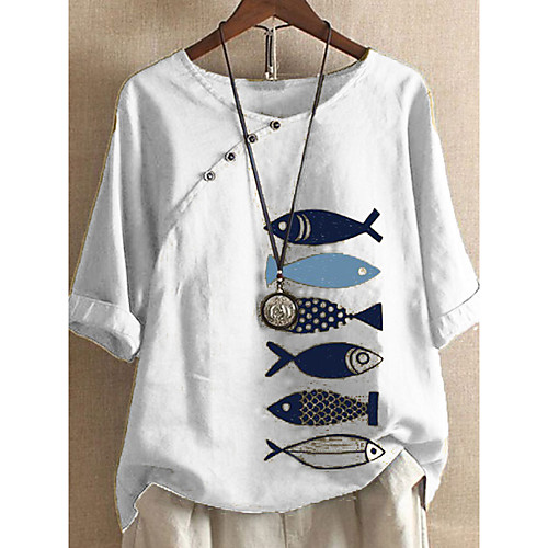 

Women's Blouse Shirt Animal Print Boat Neck Tops Cotton Basic Basic Top White Blue