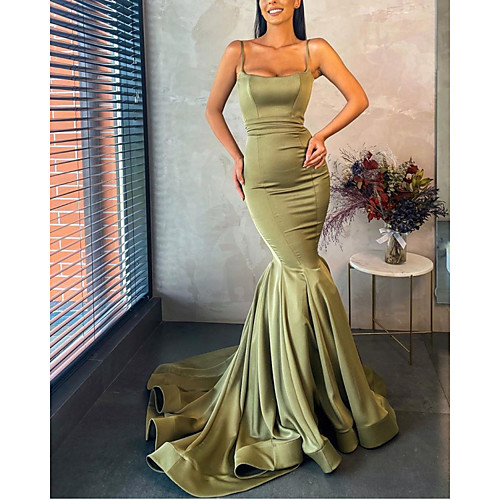 

Mermaid / Trumpet Minimalist Sexy Wedding Guest Formal Evening Dress Spaghetti Strap Sleeveless Court Train Stretch Satin with Pleats 2021