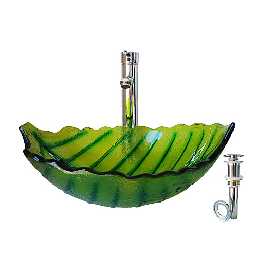 

Green Leaf - Shaped Tempered Glass Vessel Sink with Pop - Up Drain and Mounting Ring