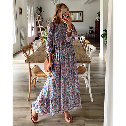 

Women's Swing Dress Maxi long Dress Rainbow Long Sleeve Floral Ruched Print Fall Spring Round Neck Off Shoulder Hot Vintage Sexy Flare Cuff Sleeve 2021 L XL XXL 3XL