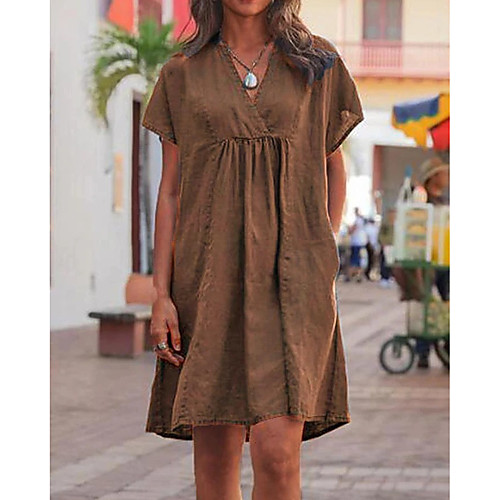 

Women's Swing Dress Knee Length Dress Black Blue Purple Brown Gray Light Blue Short Sleeve Solid Color Ruched Patchwork Summer V Neck Hot Casual 2021 S M L XL XXL 3XL 4XL 5XL