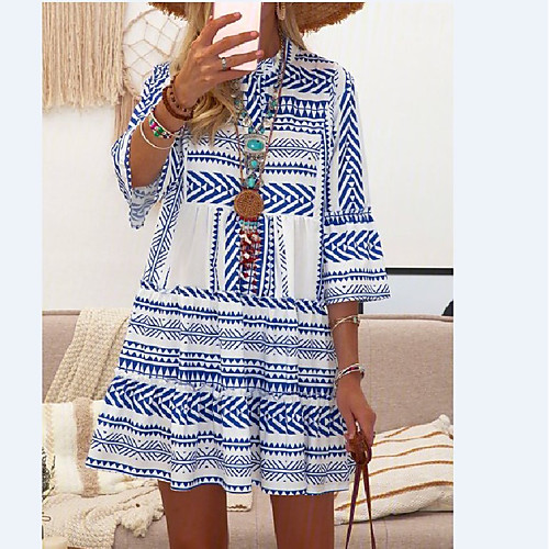 

Women's Shift Dress Short Mini Dress Blue Red Blushing Pink Light Green Gray 3/4 Length Sleeve Print Ruched Print Summer Shirt Collar Hot Casual 2021 S M L XL XXL 3XL