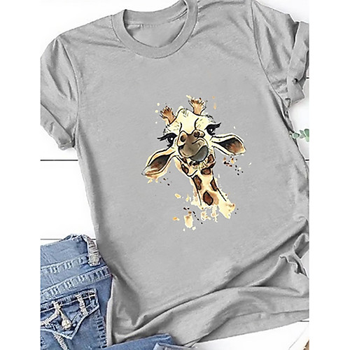 

Women's T shirt Cartoon Round Neck Tops Cotton Basic Top Black Blue Blushing Pink