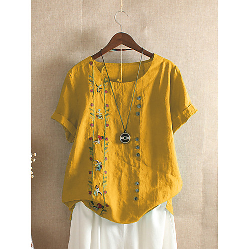 

Women's Blouse Shirt Floral Flower Embroidered Round Neck Tops Basic Basic Top White Purple Red