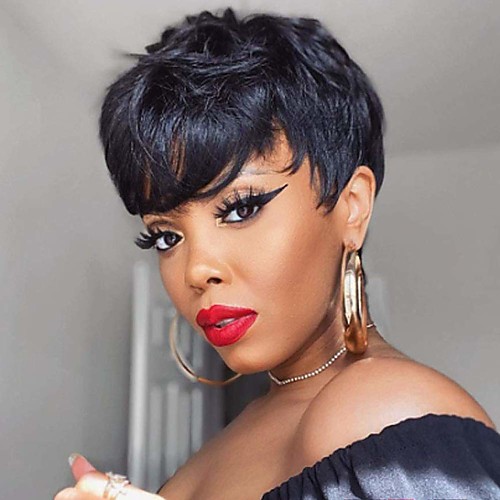 

Remy Human Hair Wig Short Natural Wave Pixie Cut Natural Black Sexy Lady New Arrival Cool Capless Brazilian Hair Women's Natural Black 6 inch