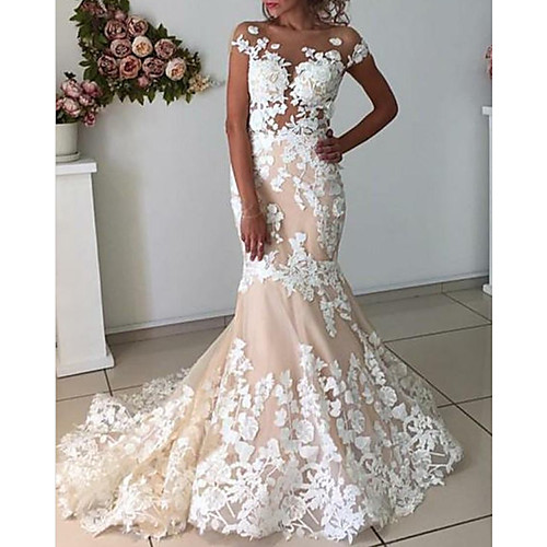 

Mermaid / Trumpet Wedding Dresses Jewel Neck Sweep / Brush Train Lace Tulle Sleeveless Country with Appliques 2021