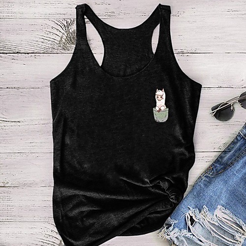 

Women's Tank Top Alpaca Racerback Round Neck Tops Basic Basic Top Black Gray