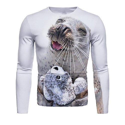 

Men's T shirt Graphic Animal Long Sleeve Daily Tops Basic Elegant White