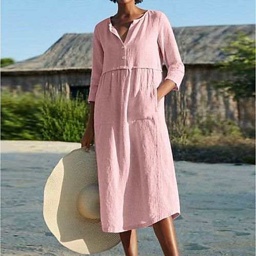 

Women's Shift Dress Midi Dress Black Blushing Pink Wine Light Blue 3/4 Length Sleeve Solid Color Ruched Summer Round Neck Casual 2021 S M L XL XXL 3XL 4XL 5XL
