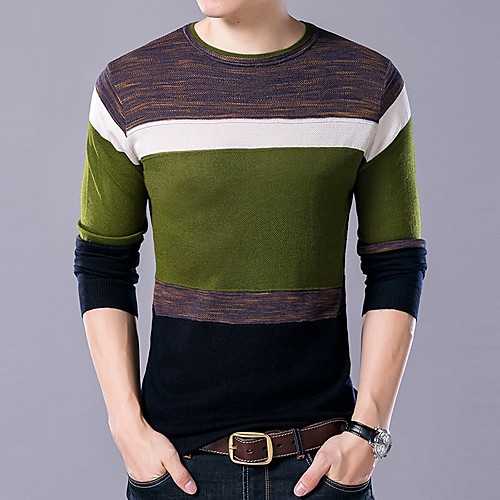 

Men's Color Block Pullover Acrylic Fibers Long Sleeve Sweater Cardigans Crew Neck Fall Winter Green Beige