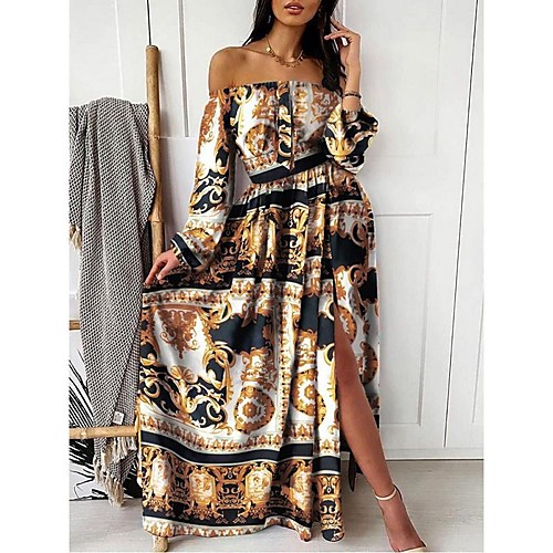 

Women's Swing Dress Maxi long Dress Blushing Pink Khaki Long Sleeve Print Split Print Summer Off Shoulder Hot Sexy vacation dresses 2021 S M L XL XXL 3XL