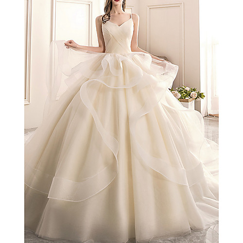 

A-Line Wedding Dresses V Neck Sweep / Brush Train Tulle Sleeveless Sexy with Lace Insert Appliques 2021