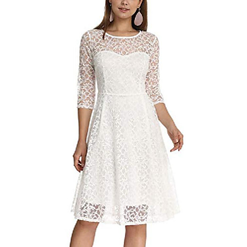 

women& #39;s elegant plum blossoms floral lace dress 3/4 sleeves bridesmaid midi dresses illusion neckline & #40;white, xl& #41;