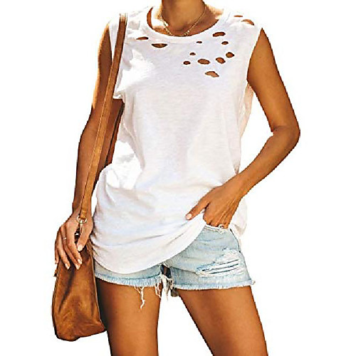 

womens ripped casual tank tops sleeveless crew neck loose summer shirts blouses white