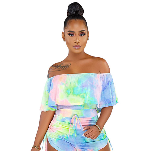 

Women's Yoga Suit Ruched Butt Lifting Off Shoulder Tie Dye Blue Orange Yoga Fitness Gym Workout Bodysuit Short Sleeve Sport Activewear Butt Lift Breathable Quick Dry Moisture Wicking Power Flex