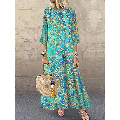 

Women's Shift Dress Maxi long Dress Blue 3/4 Length Sleeve Tribal Print Summer Round Neck Hot Casual vacation dresses Slub Fabric Loose 2021 M L XL XXL 3XL