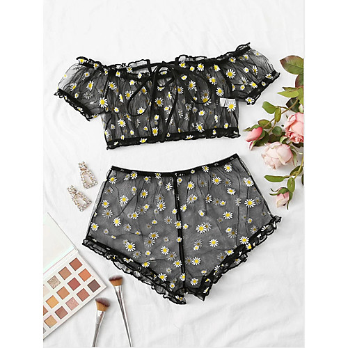 

Women's Lace Mesh Print Suits Nightwear Embroidered Black / Purple / Light Green S M L