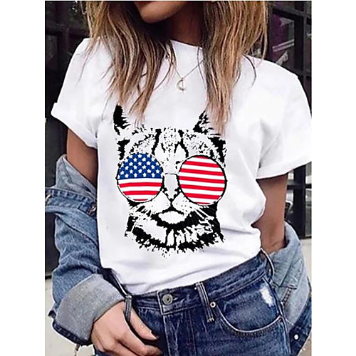 

Women's T shirt Cat Round Neck Tops Basic Top White Blue Red