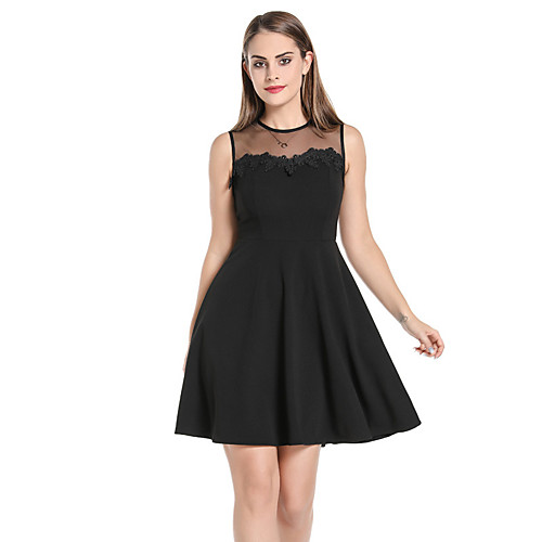 

Women's Swing Dress Knee Length Dress Black Sleeveless Solid Color Zipper Mesh Patchwork Fall Round Neck Sexy 2021 S M L XL XXL