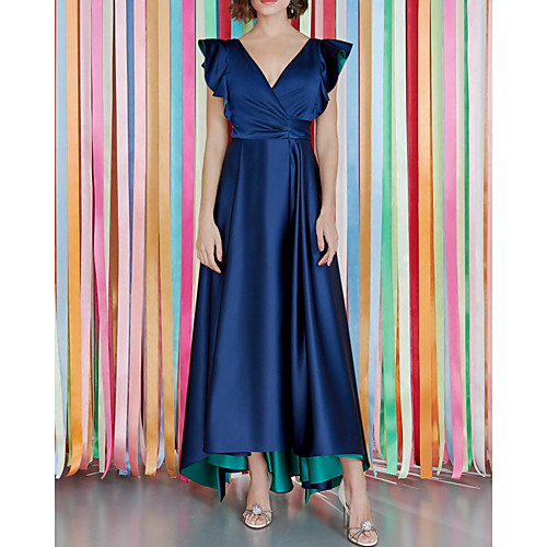 

A-Line Minimalist Sexy Party Wear Formal Evening Dress V Neck Short Sleeve Floor Length Satin with Sash / Ribbon Ruffles 2021
