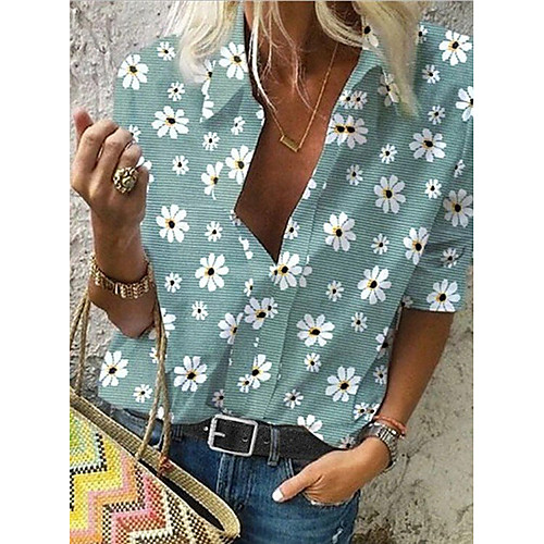 

Women's Blouse Shirt Galaxy Long Sleeve Patchwork Print Shirt Collar Tops Cotton Basic Basic Top Yellow Dark Gray Light Green