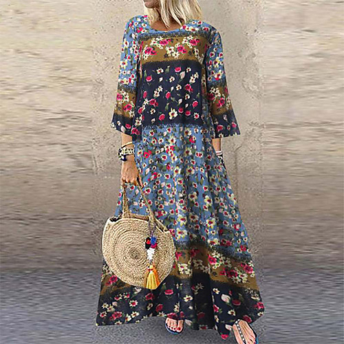 

Women's Maxi long Dress Blue Blushing Pink Green 3/4 Length Sleeve Floral Print Summer Round Neck Hot Casual 2021 M L XL XXL 3XL 4XL 5XL