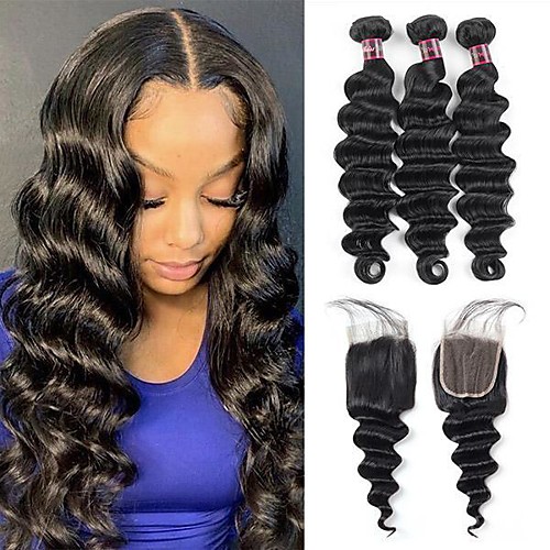 

4 Bundles Hair Weaves Brazilian Hair Deep Wave Human Hair Extensions Human Hair Hair Weft with Closure 8-28 inch Natural Women Natural Youth