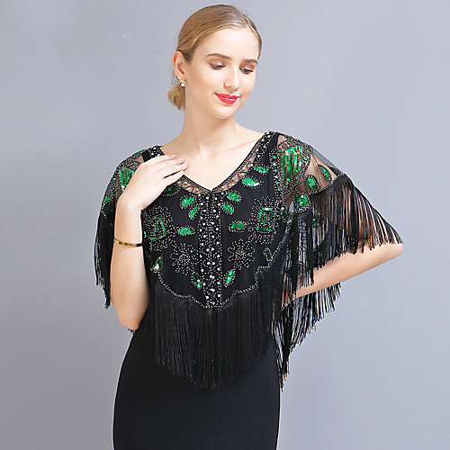 

The Great Gatsby Roaring 20s 1920s Vintage All Seasons Cloak Party Costume Masquerade Halloween Costumes Women's Adults' Sequins Tassel Fringe Tulle Polyester Costume Black / Red / Green / Black