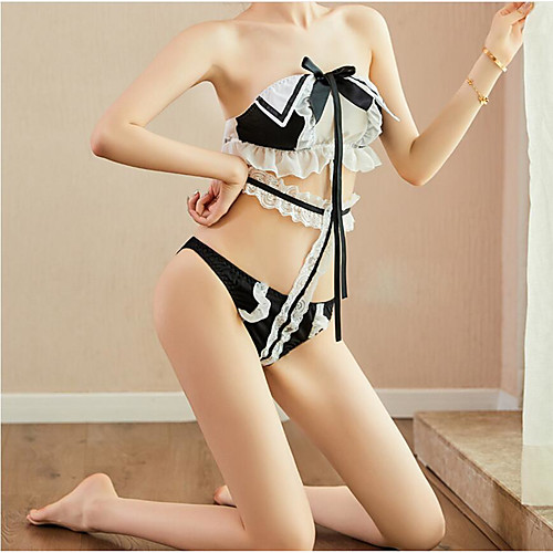 

Women's Ruffle Bow Matching Bralettes Suits Nightwear Patchwork Solid Colored Black One-Size / Strapless