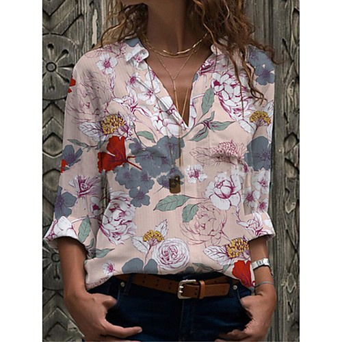 

Women's Blouse Shirt Floral Flower Long Sleeve Print Shirt Collar Tops Basic Basic Top Blue Purple Yellow