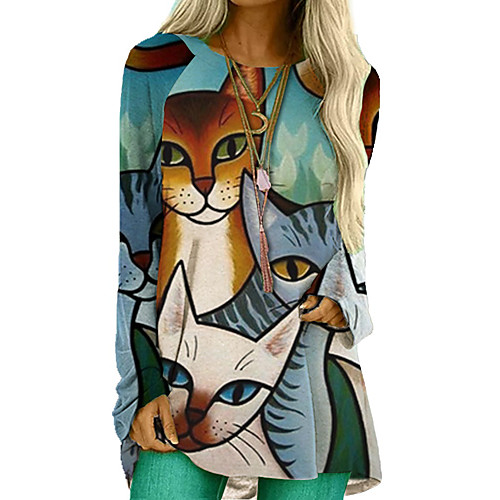 

Women's Blouse Shirt Cat Long Sleeve Print Round Neck Tops Basic Basic Top Blue