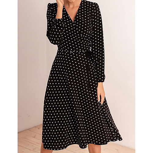 

Women's Swing Dress Knee Length Dress Black Long Sleeve Polka Dot Fall V Neck Hot Casual 2021 S M L XL XXL
