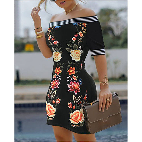 

Women's Sheath Dress Knee Length Dress White Black Blue Beige Short Sleeve Peacock Floral Print Fall Summer Off Shoulder Hot Casual Vintage 2021 S M L XL XXL 3XL