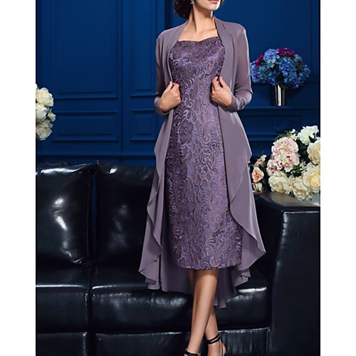 

Two Piece Sheath / Column Mother of the Bride Dress Elegant Jewel Neck Knee Length Chiffon Lace Long Sleeve with Appliques 2021