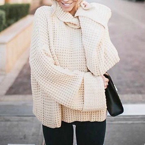 

Women's Basic Knitted Solid Color Plain Pullover Cotton Long Sleeve Loose Sweater Cardigans Crew Neck Round Neck Fall Winter Black Blue Camel