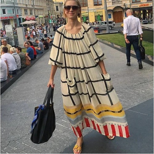 

Women's Swing Dress Maxi long Dress Beige Half Sleeve Print Print Summer Round Neck Hot Casual Lantern Sleeve 2021 S M L XL XXL 3XL