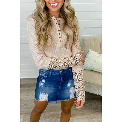 

Women's Blouse Shirt Solid Colored Long Sleeve Lace Cut Out Round Neck Tops Basic Basic Top Black Khaki