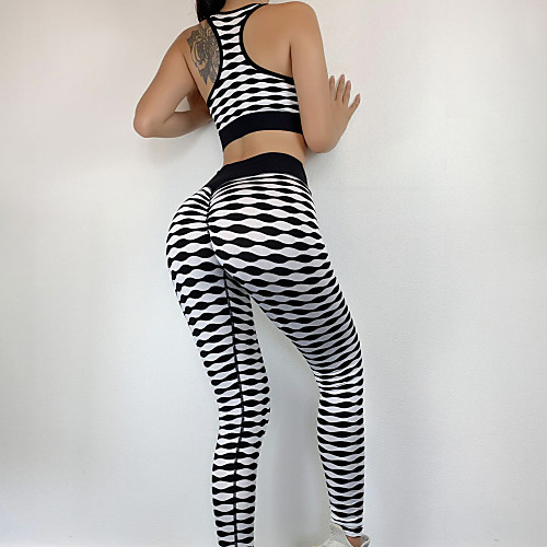 

Women's 2pcs Tracksuit Yoga Suit Winter Wirefree Stripes BlackWhite Nylon Yoga Fitness Gym Workout Sports Bra Tights Sport Activewear Tummy Control Butt Lift Breathable Quick Dry High Elasticity