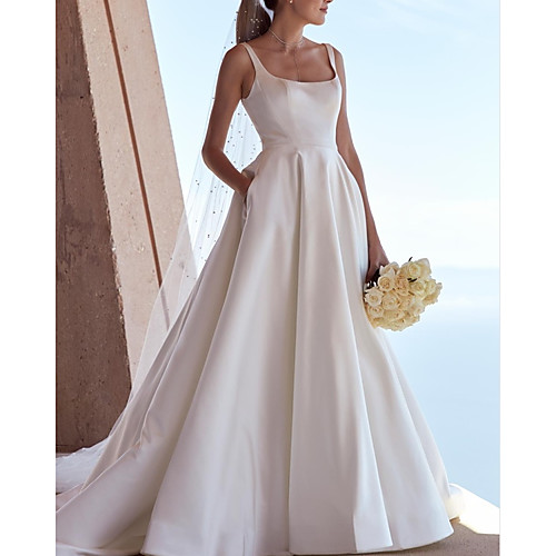 

A-Line Wedding Dresses Scoop Neck Sweep / Brush Train Satin Sleeveless Simple with 2021