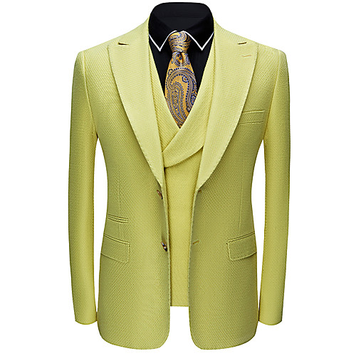 

White / Yellow Solid Colored Standard Fit Polyester Suit - Notch Single Breasted Two-buttons