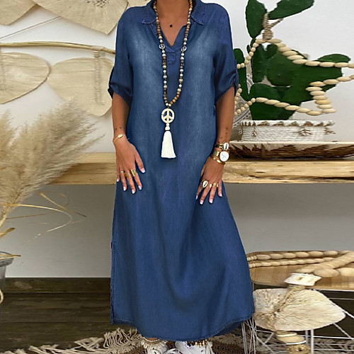 

Women's Denim Dress Maxi long Dress - Half Sleeve Summer V Neck Plus Size Casual 100% Cotton Loose 2020 Blue M L XL XXL XXXL