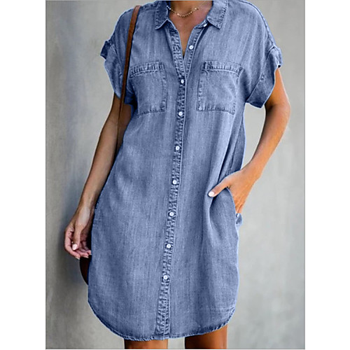 

Women's Denim Shirt Dress Short Mini Dress - Short Sleeve Pocket Summer Shirt Collar Casual 100% Cotton 2020 Light Blue S M L XL XXL
