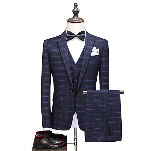

Dark Navy Striped Standard Fit Polyester Suit - Notch Single Breasted One-button / Suits