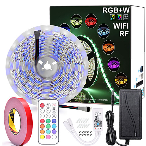 

16.4ft 5M RGBW WIFI APP Intelligent Dimming Waterproof LED Strip Lights 300LEDs SMD 5050 Warm White Plus RGB Light with RF 21 Key Remote Controller or 12V Adapter Kit